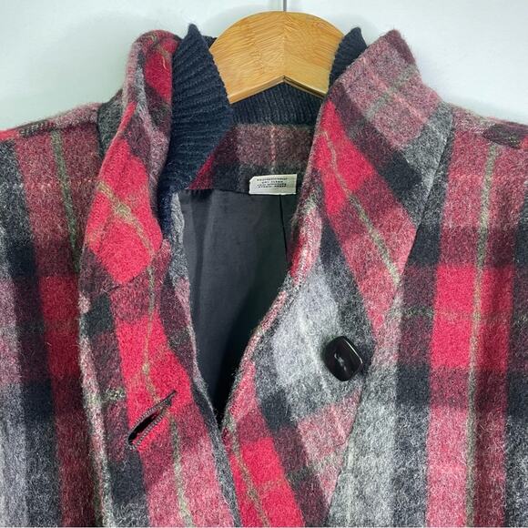 Vintage Wool Jacket Plaid Red Black Gray High Collar - Picture 6 of 12
